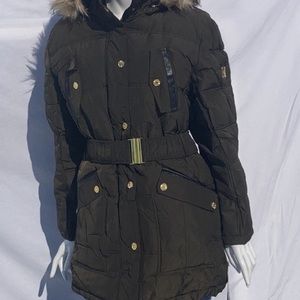 Rocawear Womens Belted Hooded Puffer Coat Olive